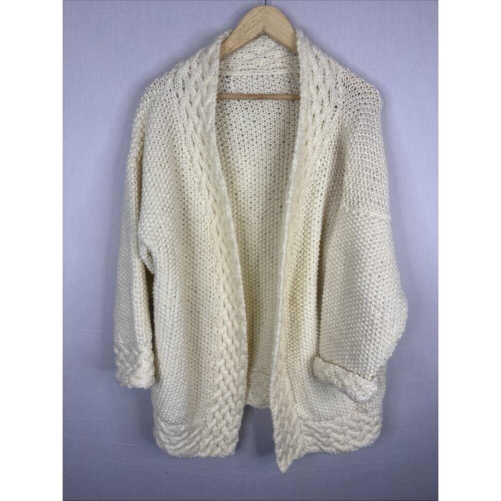 Chunky Hand-Knit Fisherman Cardigan Oversized Shawl Collar Cream Women’s XL/L